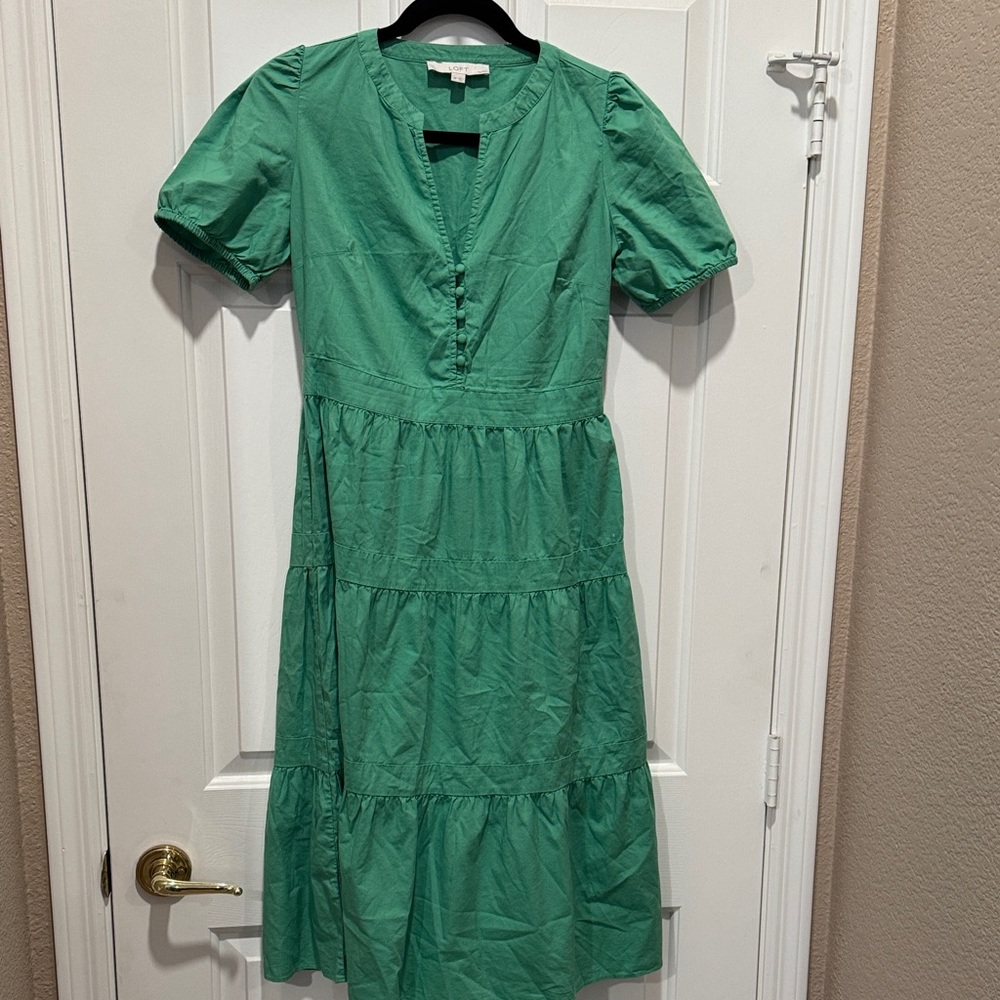 LOFT Green 100% Cotton Tiered Midi Dress